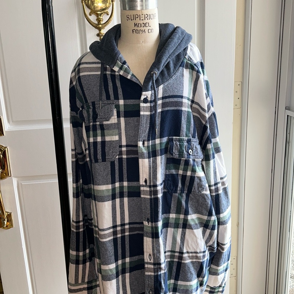 Blue plaid flannel shirt with hood by Aeropostale.